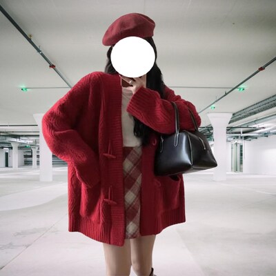 Oversized Cardigan Chunky Cardigan Loose Fit Sweater Red